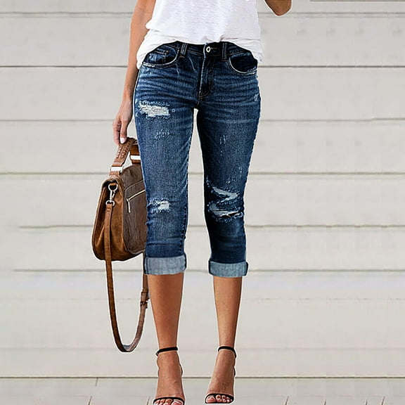 frariair Ripped Jeans Womens Women's Casual And Fashionable Perforated Elastic Denim Capris Capris Blue
