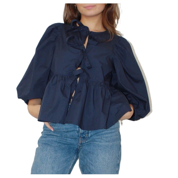 frariair ​Romantic Tie-Waist Blouse Featuring Feminine Details Perfect For Bridal Shower Attire And High Tea Sophistication​ Dark Blue