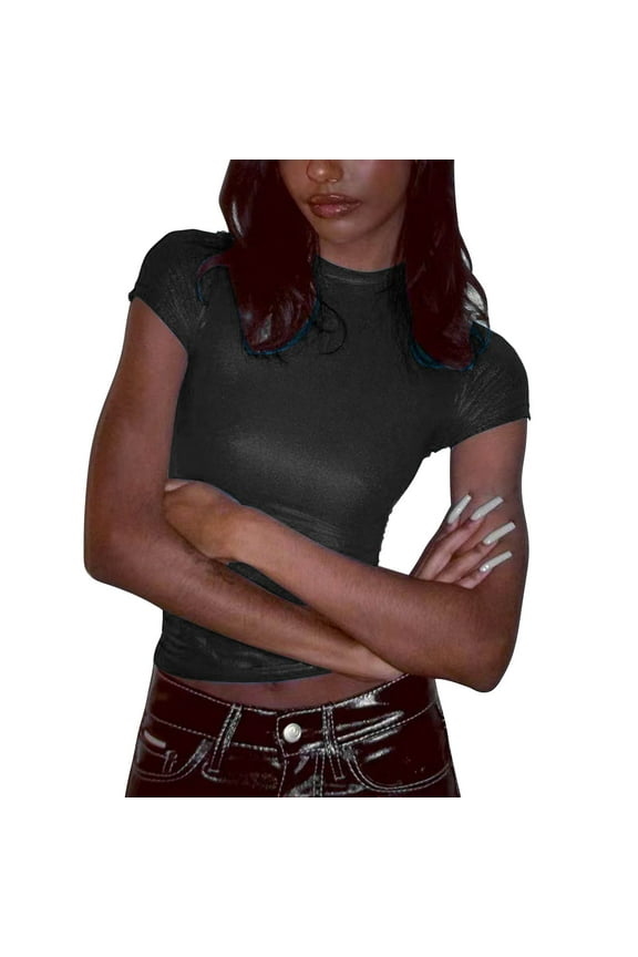 ​Shimmer Effect Short Sleeve Performance Top Featuring Second-Skin Fit Perfect For Dance Events And Concert Fashion​ Black