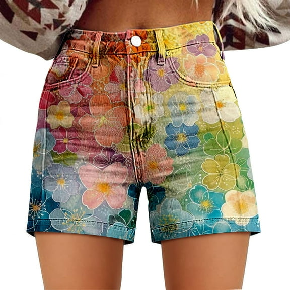 frariair Short for women Womens Casual High Waist Denim Shorts Relaxed Fit ArtRetro Printed Floral Shorts With Pockets Summer Green