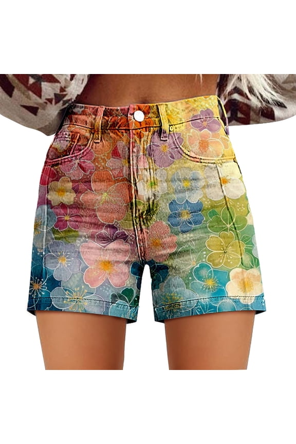 Short for women Womens Casual High Waist Denim Shorts Relaxed Fit ArtRetro Printed Floral Shorts With Pockets Summer Green
