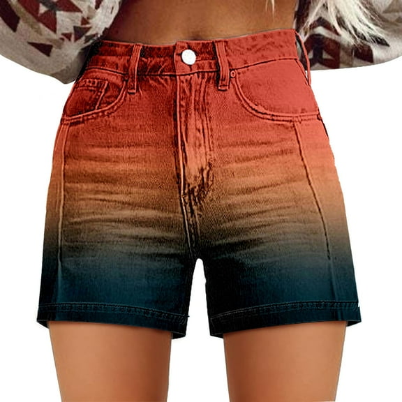 frariair Short for women Womens Casual High Waist Denim Shorts Relaxed Fit ArtRetro Printed Floral Shorts With Pockets Summer Orange