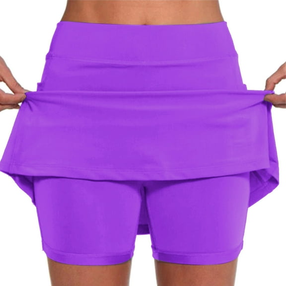 frariair Skorts for Woman Women's Pocket Pants Solid Mid Waist Culottes Short Skirts Skinny Purple