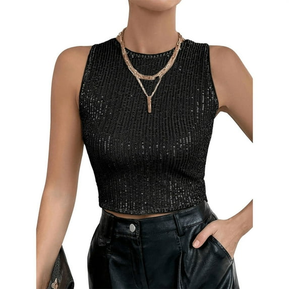 frariair Sparkle Effect Going Out Top Featuring Racerback Design Perfect For VIP Lounge Sophistication And Beach Party Glam Black