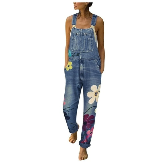 frariair Straight Leg Pants for Women Fashion Denim Bib Long Rompers Jumpsuits Blue