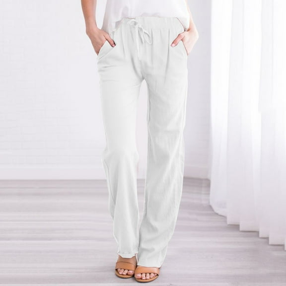 frariair Straight Leg Pants for Women High Waisted Wide Fashion Drawstring Elastic Trousers Comfy Long With Pockets White