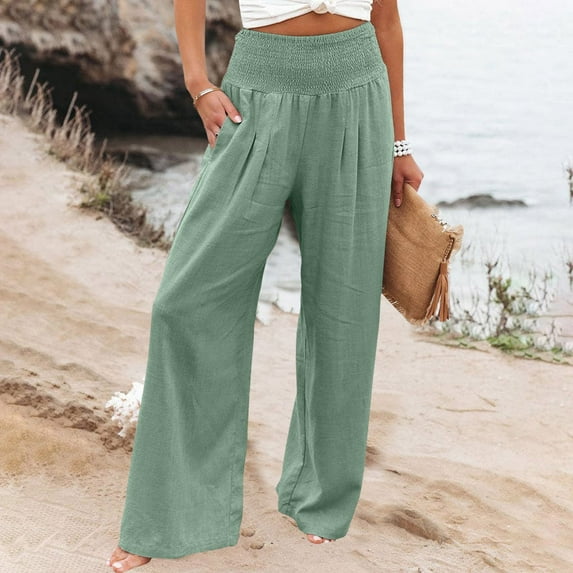 frariair Straight Leg Pants for Women Linen High Waisted Wide Loose Fit Palazzo Casual Beach Trendy Trouses With Pockets Green