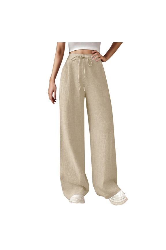Straight Leg Pants for Women Pure Salad Rope High Waisted Casual Cotton Beige