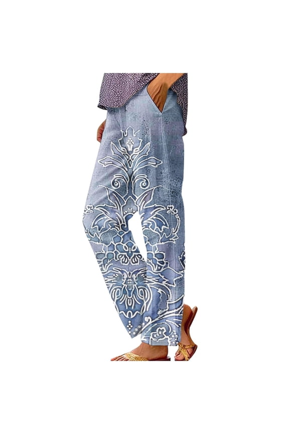 Straight Leg Pants for Women Retro Printed Loose Pocket Patchwork Casual Cotton And Linen Navy