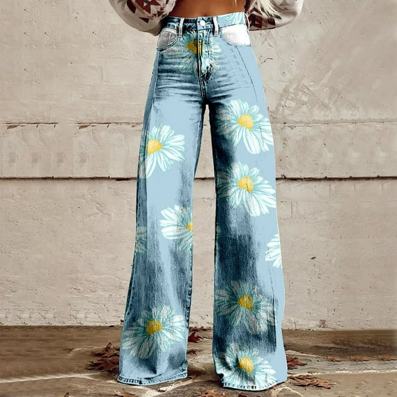 frariair Straight Leg Pants for Women Wide Pant Vintage Floral Print High Waisted Stretch With Pockets Blue