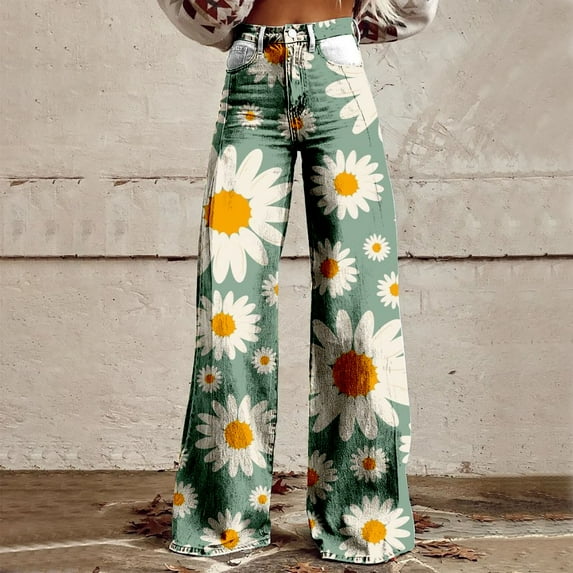 frariair Straight Leg Pants for Women Wide Pant Vintage Floral Print High Waisted Stretch With Pockets Green