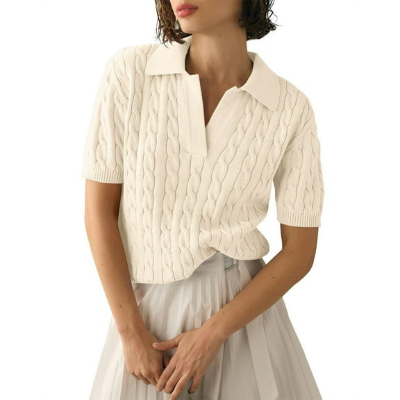 frariair Women Knit Pullover Sweater With Lapel Collar And Short Sleeve Casual V Neckline Top For Everyday Comfort Wear Beige L