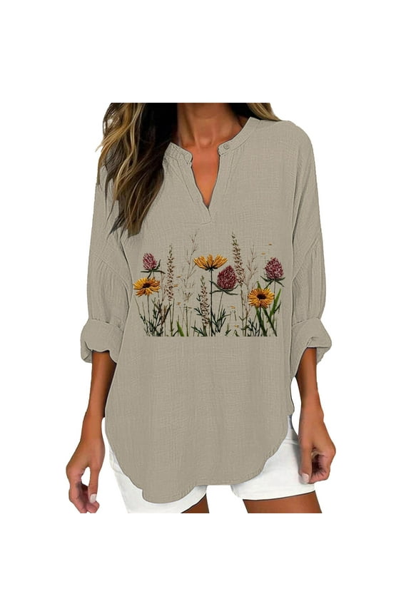 Women's Bamboo Hemp Blend Long Sleeve Floral Tunic Top With V-Neck Design Orange