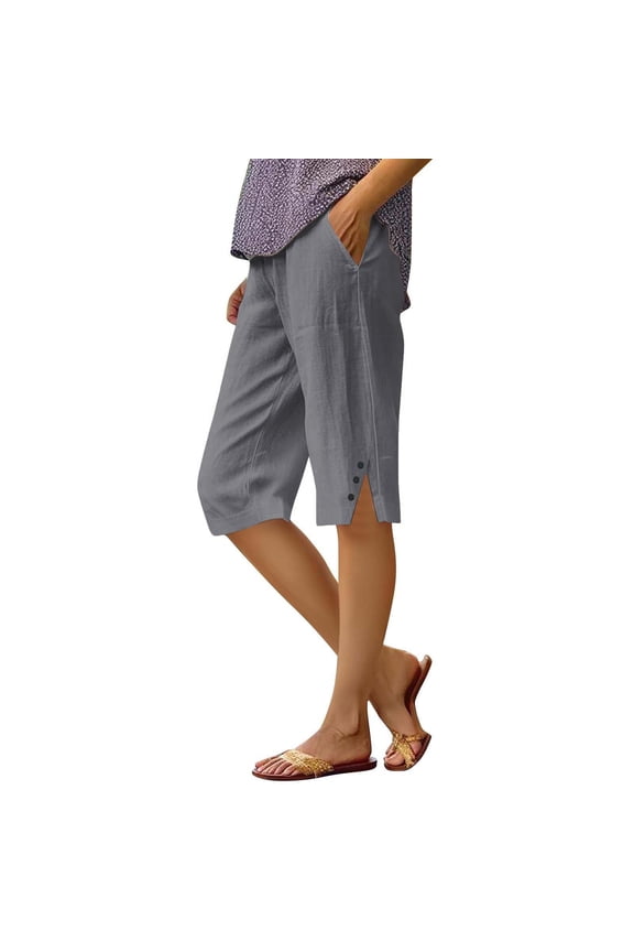 ​Women's Bohemian Style Loose Fit Slit Hem Breathable Shorts With Functional Pocket Design For Summer Stroll​ Grey