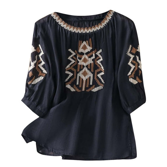 frariair Women's Boho Embroidered Cotton-Linen Blouse For Summer Vacations Navy