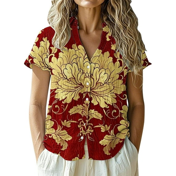 frariair Women's Breathable Linen Blend Short Sleeve Shirt For Casual Office & Spring Outings Gold