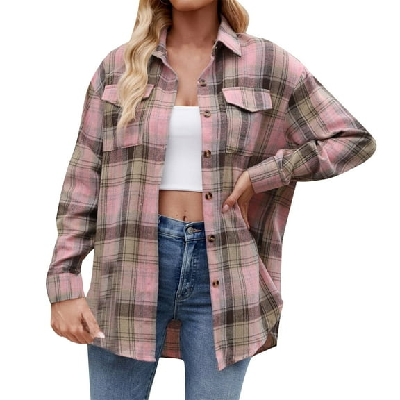 frariair Women's Casual Fashion Loose Plaid Pocket Button Shirt Autumn and Winter Womens Zip Up Jacket Fleece Hooded Jackets Oversized Trench Coat Cardigan Coat Outwear
