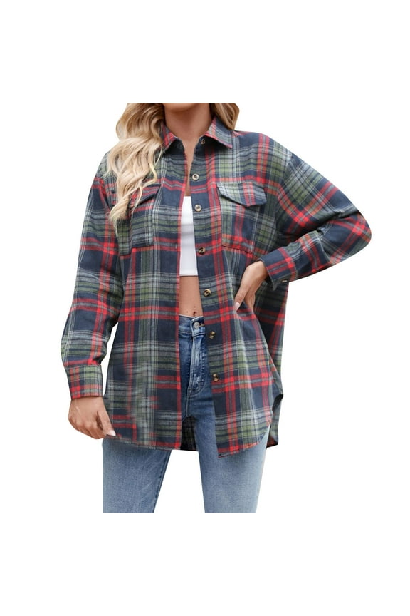 Women's Casual Fashion Loose Plaid Pocket Button Shirt Autumn and Winter Womens Zip Up Jacket Fleece Hooded Jackets Oversized Trench Coat Cardigan Coat Outwear