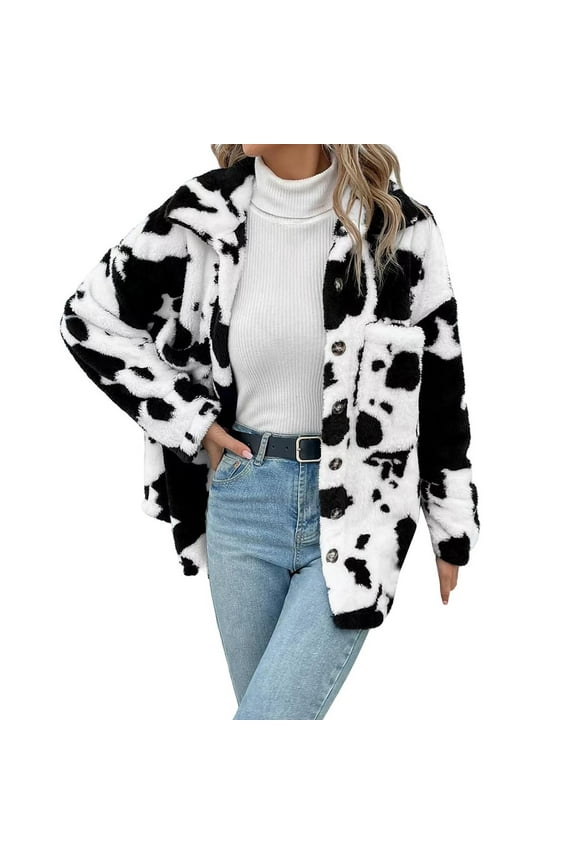 Women's Casual Faux Jacket Trendy Long Sleeve Button Up Cow Print Autumn Winter Loose Coats with Pockets Zip Up Jacket Fleece Hooded Jackets Cardigan Coat Outwear Womens Jacket