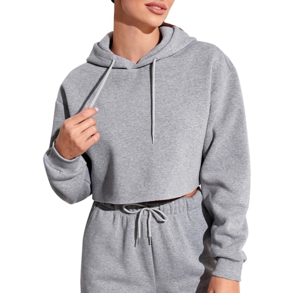 frariair Women's Cropped Hoodie Pullover Long Sleeve Fleece Top With Drawstring Hood And Cut Out Details For Street Fashion Grey S