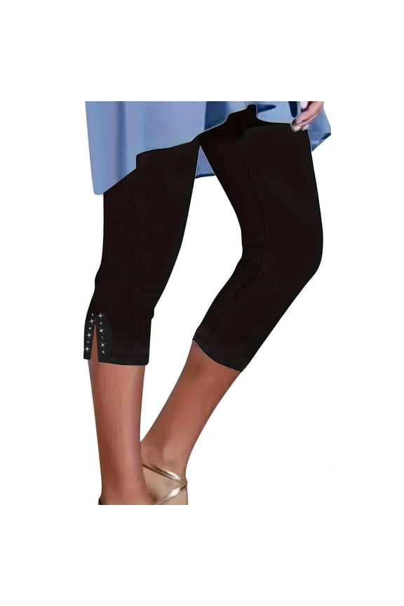 ​Women's Elastic High Waist Cropped Yoga Pants Solid Color Workout Leggings Breathable Gym Trousers For Cardio Running​ Black