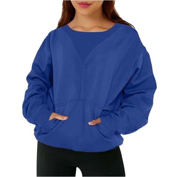 frariair Women's Fashionable Color Pullover Loose Ribbed Splicing Long Sleeve Pocket Top Sweatshirt Blank Sweatshirts Hooded Sweatshirt Women