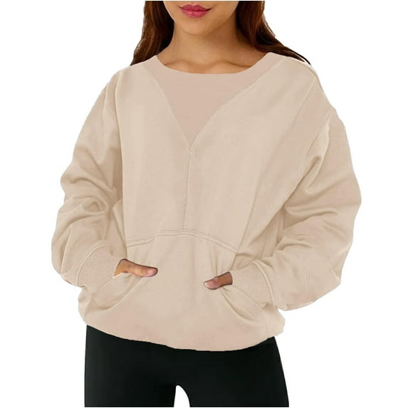 frariair Women's Fashionable Solid Color Pullover Loose Ribbed Splicing Long Sleeve Pocket Top Sweatshirt Blank Sweatshirts Hooded Sweatshirt Women