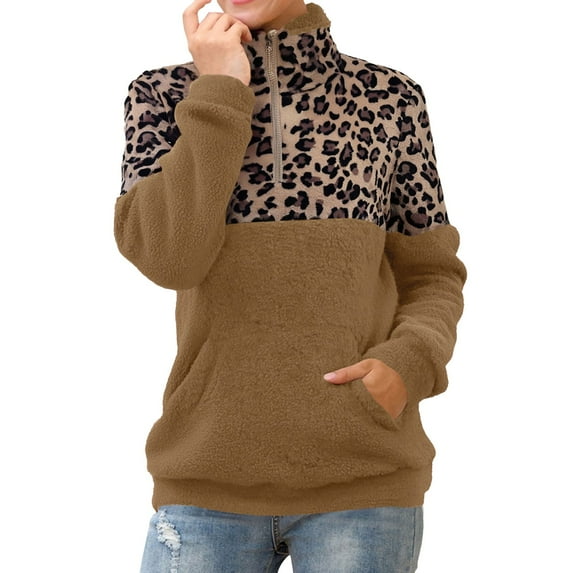 frariair Women's Leopard Print Quarter Zip Fleece Pullover Sweatshirt Long Sleeve Thermal Lined Jacket With Kangaroo Pocket For Winter Khaki M