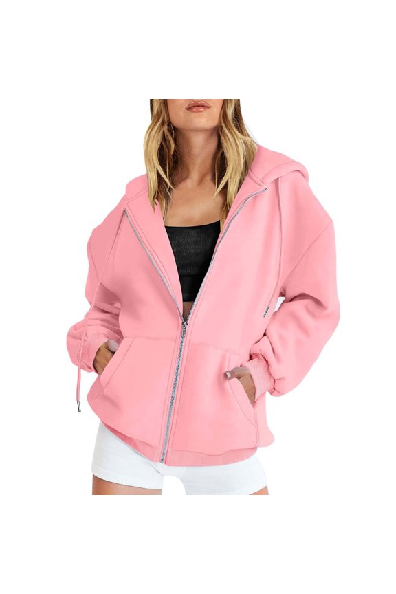 frariair Women's Oversized Hooded Track Jacket Full Zip Casual Sweatshirt With Drawstring Waist And Kangaroo Pocket For Street Style Pink XXL