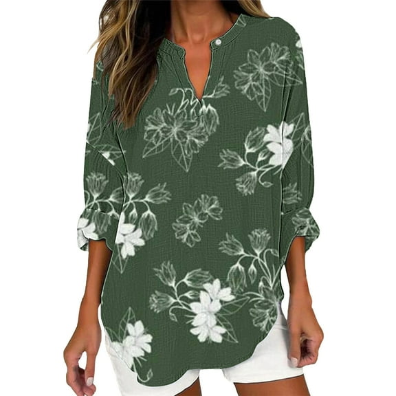 frariair Women's Retro Geometric Print Long Sleeve Shirt – Stretch Polyester Casual Tunic Top Green