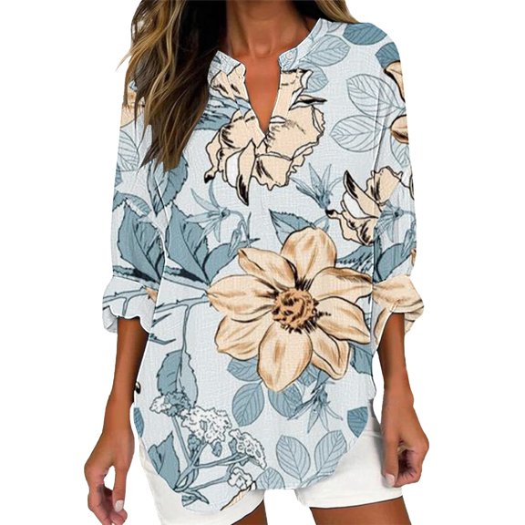 frariair ​Women's Retro Geometric Print Long Sleeve Shirt – Stretch Polyester Casual Tunic Top​ Light Blue