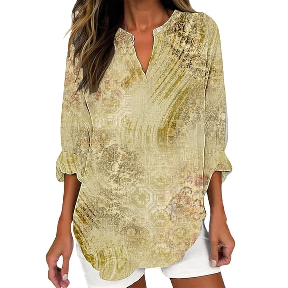 frariair ​Women's Retro Geometric Print Long Sleeve Shirt – Stretch Polyester Casual Tunic Top​ Yellow
