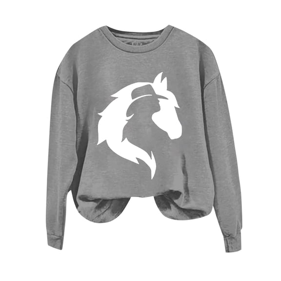 frariair Women's Round Neck Long Sleeved Horse And Figure Printed Hoodie Without A Hat Zip Ladies Sweaters