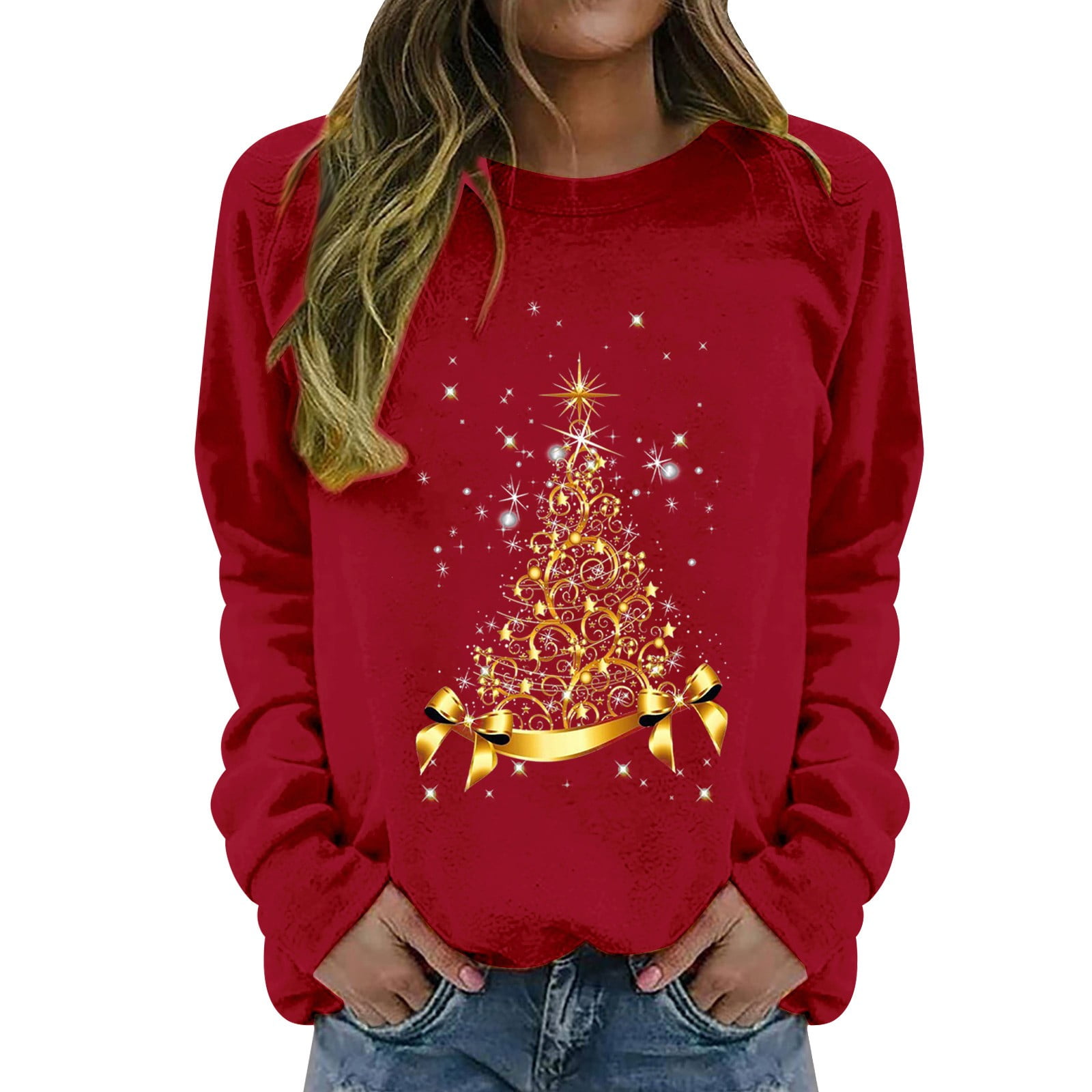 frariair Women's Round Neck Long Sleeved Solid Christmas Tree Printed