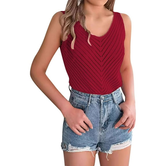 frariair Women's Sleeveless Knit Sweater Featuring Lace Detail And Relaxed Fit Perfect For Beach Cover-Ups And Casual Warm Weather Ensembles Red