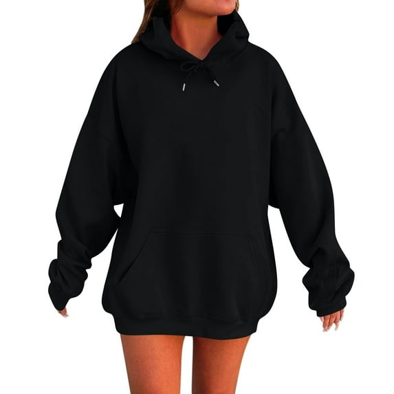 frariair Women's Solid Color Basic Hoodie Oversized Fleece Pullover Sweatshirt With Drop Shoulder Casual Loose Fit Top Black L