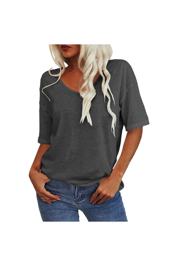 ​Women's V-Neck Half-Sleeve Casual T-Shirt – Breathable Polyester-Spandex Solid Basic Top​ Grey