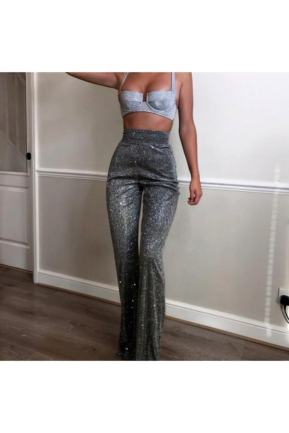 Womens Pants Women Glitter Sequin Pant High Waisted Bell Bottom Flared Pant Stretchy Casual Home Pant Fashion Pant Gray 1 PC