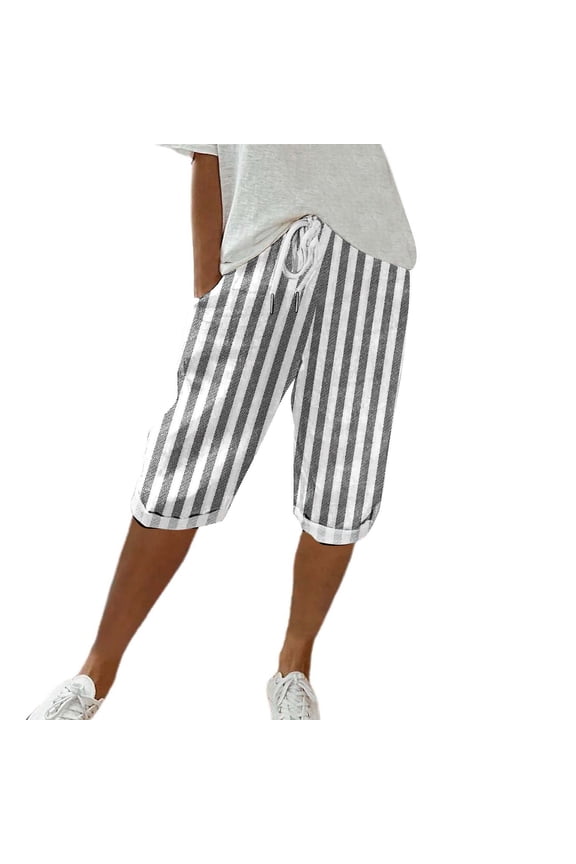Womens Pants Women's Cotton and Linen Striped Pocket Elastic Casual Pants Women's Quarter Pants Black 1 PC