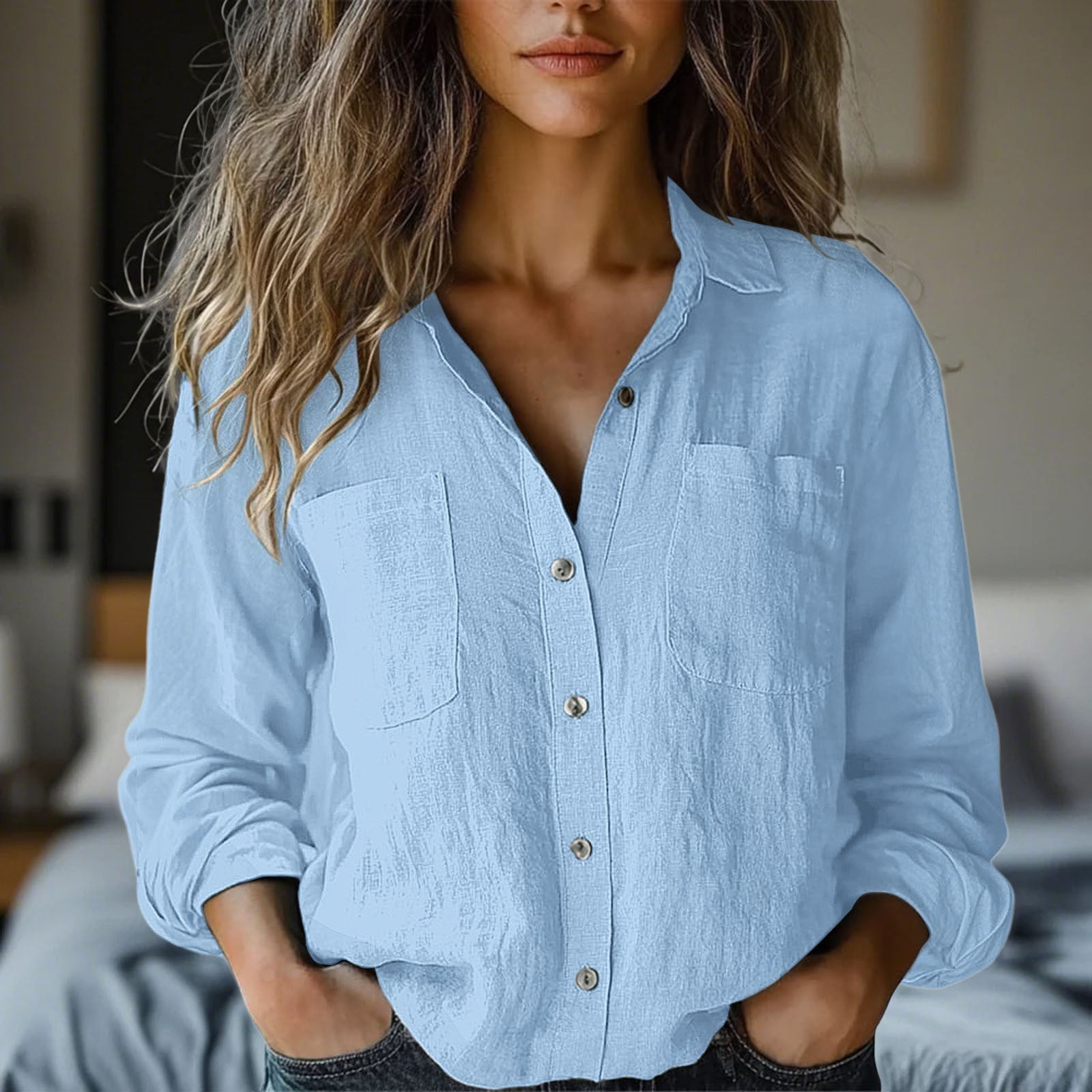 frariair long sleeve shirts for women Cotton Linen Button Down Shirt ...