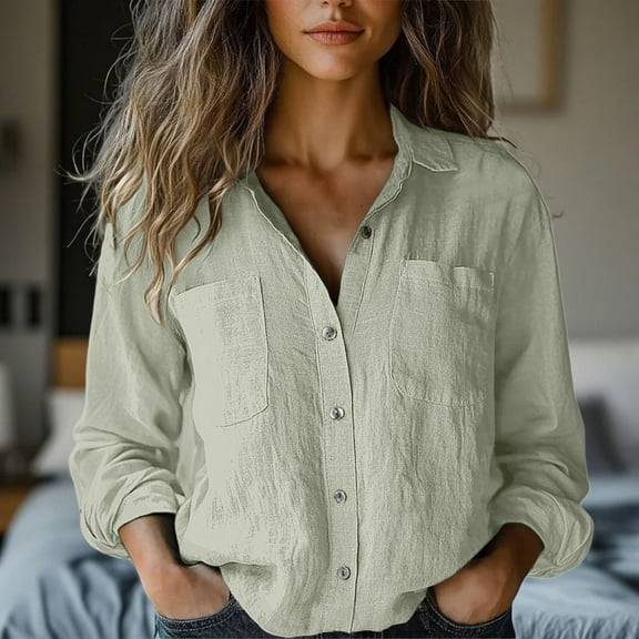 frariair long sleeve shirts for women Cotton Linen Button Down Shirt 2025 Spring Shirts Loose Tops With Pockets Green