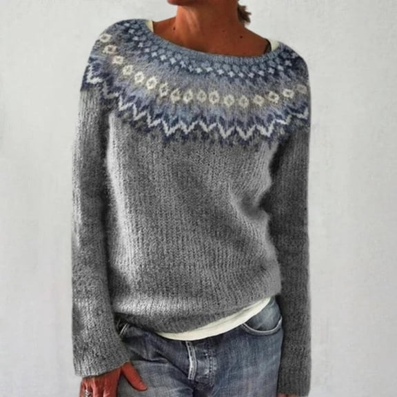 frariair sweaters for women Knitted Isle Print Retro Sweater Loose Crewneck Long Sleeve Pullover Tops Gray