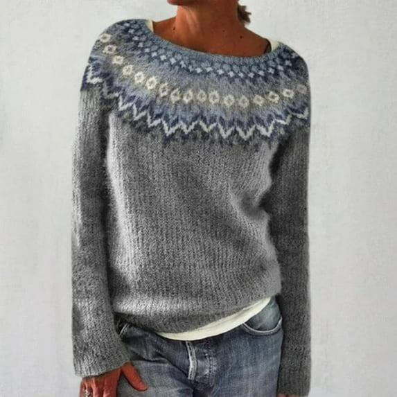 frariair sweaters for women Knitted Isle Print Retro Sweater Loose Crewneck Long Sleeve Pullover Tops Gray
