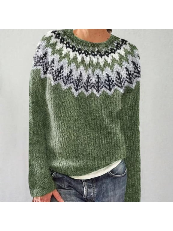 sweaters for women Knitted Isle Print Retro Sweater Loose Crewneck Long Sleeve Pullover Tops Green