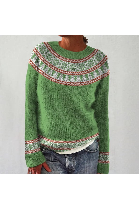 sweaters for women Knitted Isle Print Retro Sweater Loose Crewneck Long Sleeve Pullover Tops Green