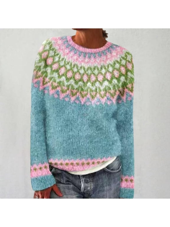 sweaters for women Knitted Isle Print Retro Sweater Loose Crewneck Long Sleeve Pullover Tops Pink
