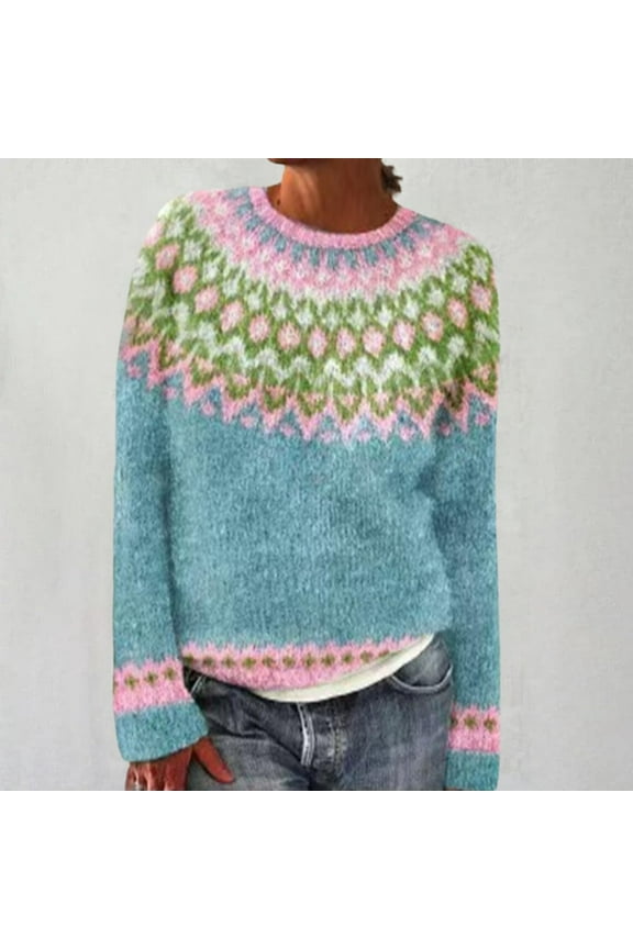 sweaters for women Knitted Isle Print Retro Sweater Loose Crewneck Long Sleeve Pullover Tops Pink