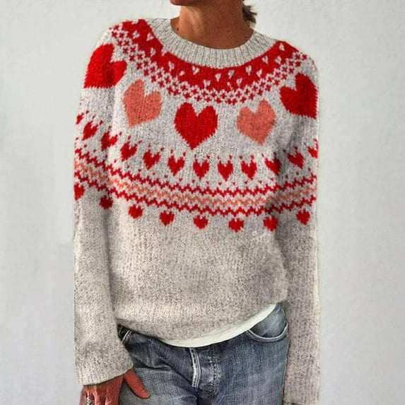 frariair sweaters for women Knitted Isle Print Retro Sweater Loose Crewneck Long Sleeve Pullover Tops Pink