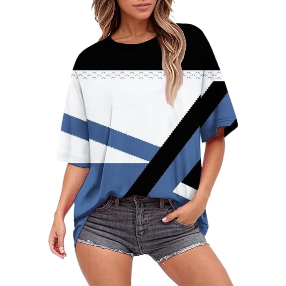 frariair women's t-shirts Summer Tops For Women Short Sleeve Crewneck Oversized T Shirts Trendy Solid/Flower Printed Beach Vacation Clothes Dark Blue