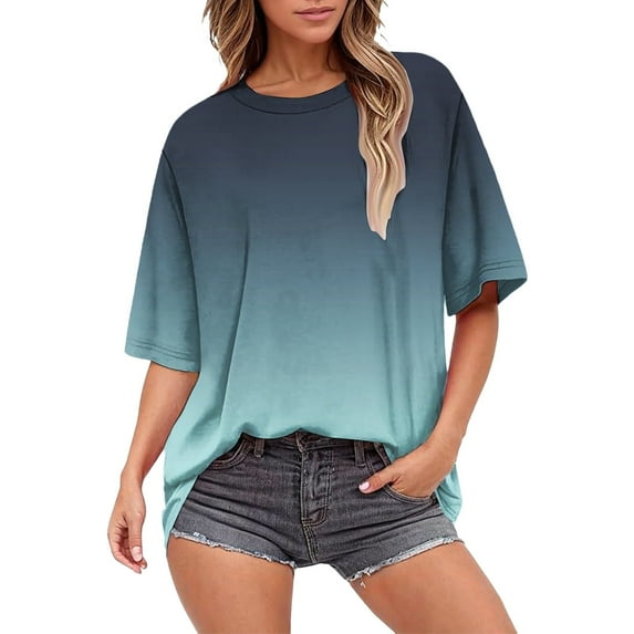 frariair women's t-shirts Summer Tops For Women Short Sleeve Crewneck Oversized T Shirts Trendy Solid/Flower Printed Beach Vacation Clothes Sky Blue